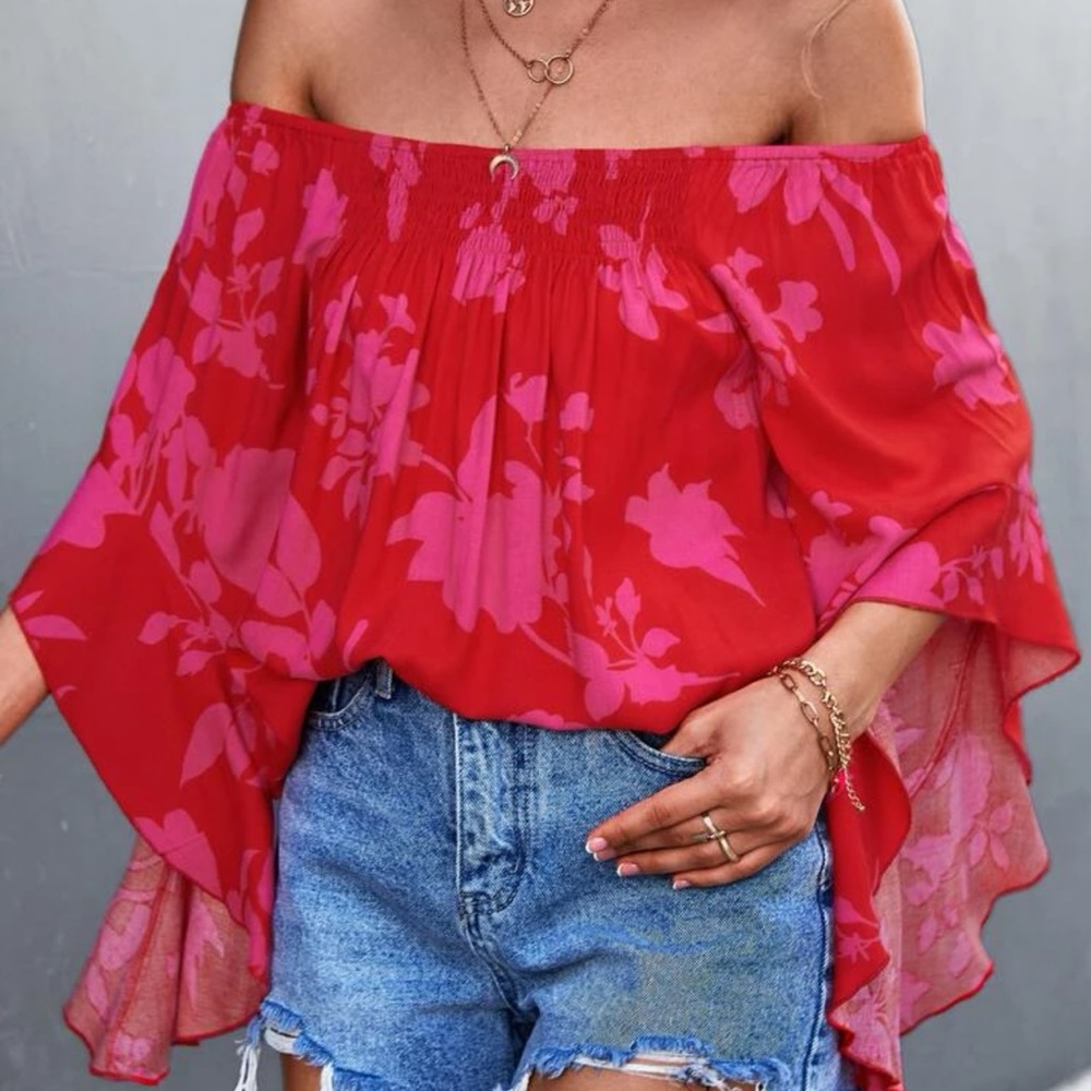 Beautiful woman  floral print off the shoulder tops